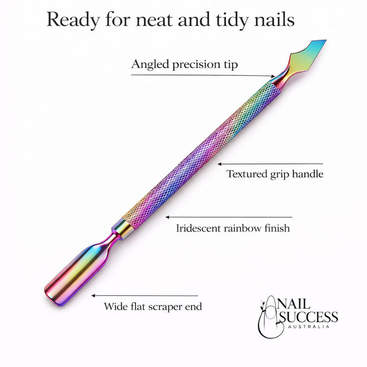 Nail Success Australia rainbow cuticle pusher tool infographic with angled precision tip, textured grip handle and flat scraper end