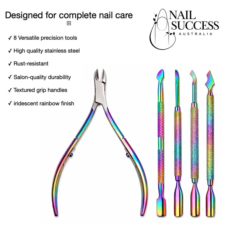 Nail Success Australia rainbow nail tool set infographic showing cuticle nipper, four manicure tools and complete nail care features