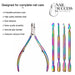 Nail Success Australia rainbow nail tool set infographic showing cuticle nipper, four manicure tools and complete nail care features