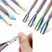 Close-up of rainbow stainless steel nail tools with cuticle nipper trimming a fingernail and assorted manicure tool tips