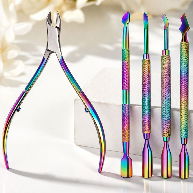 Rainbow nail tool set with cuticle nipper and four stainless steel manicure tools on display block