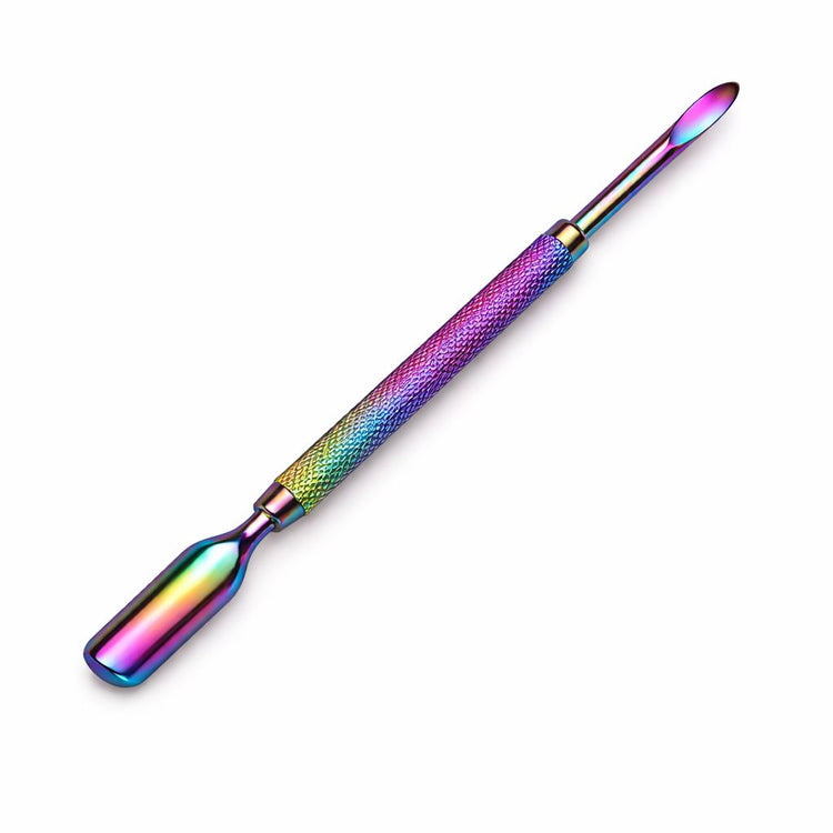 Rainbow stainless steel cuticle pusher and scraper tool with rounded tip and flat scraper end on white background