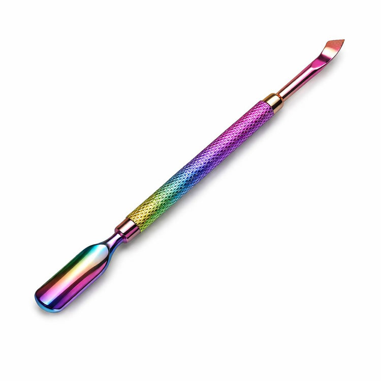 Rainbow stainless steel cuticle pusher and scraper tool with textured grip handle on white background