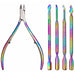Rainbow nail tool set with cuticle nipper and four stainless steel manicure implements on white background