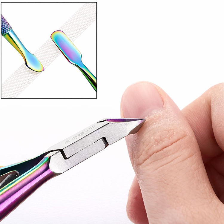Rainbow stainless steel cuticle nipper trimming cuticle with inset showing dual-ended cuticle pusher and scraper tips