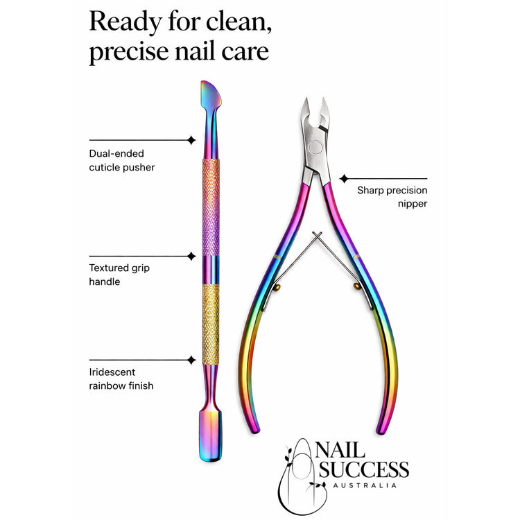 Rainbow stainless steel nail care set with dual-ended cuticle pusher, sharp precision nipper and textured grip handle