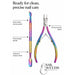 Rainbow stainless steel nail care set with dual-ended cuticle pusher, sharp precision nipper and textured grip handle