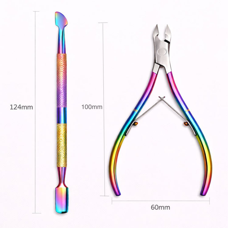 Rainbow stainless steel nail care set dimensions with 124mm dual-ended cuticle pusher and 100mm cuticle nipper