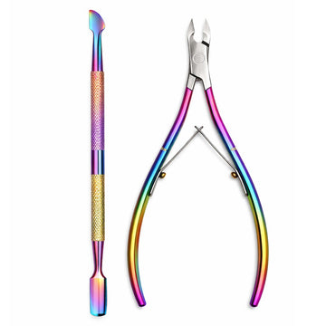 Rainbow stainless steel nail care set with cuticle nipper and dual-ended cuticle pusher scraper tool