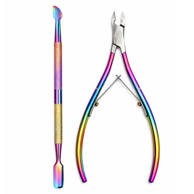 Rainbow stainless steel nail care set with cuticle nipper and dual-ended cuticle pusher scraper tool