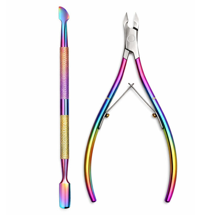 Rainbow stainless steel nail care set with cuticle nipper and dual-ended cuticle pusher scraper tool