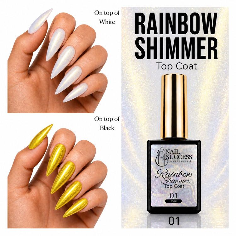 Nail Success Australia Rainbow Shimmer Top Coat 01 shown over white and black nails with golden shimmer effect