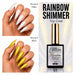 Nail Success Australia Rainbow Shimmer Top Coat 01 shown over white and black nails with golden shimmer effect