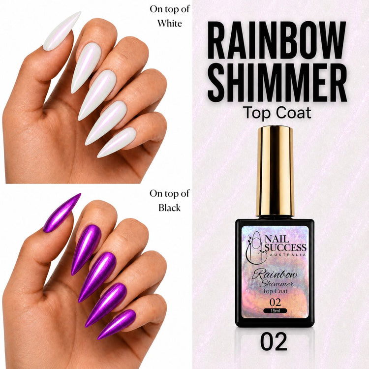 Nail Success Australia Rainbow Shimmer Top Coat 02 shown over white and black nails with purple chrome shimmer effect