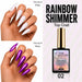 Nail Success Australia Rainbow Shimmer Top Coat 02 shown over white and black nails with purple chrome shimmer effect