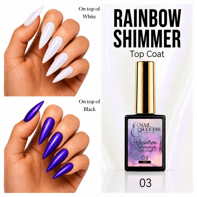 Nail Success Australia Rainbow Shimmer Top Coat 03 shown over white and black nails with blue violet shimmer effect