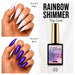 Nail Success Australia Rainbow Shimmer Top Coat 03 shown over white and black nails with blue violet shimmer effect