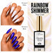 Nail Success Australia Rainbow Shimmer Top Coat 04 shown over white and black nails with blue purple shimmer effect
