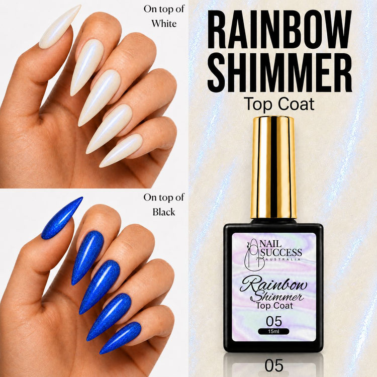 Nail Success Australia Rainbow Shimmer Top Coat 05 shown over white and black nails with bright blue shimmer effect