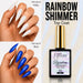 Nail Success Australia Rainbow Shimmer Top Coat 05 shown over white and black nails with bright blue shimmer effect