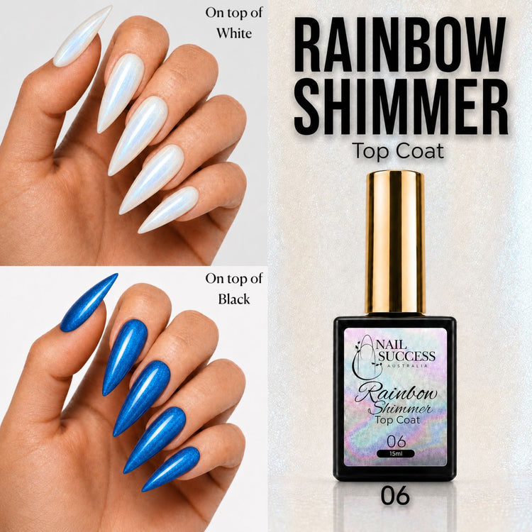 Nail Success Australia Rainbow Shimmer Top Coat 06 shown over white and black nails with bright blue shimmer effect
