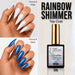 Nail Success Australia Rainbow Shimmer Top Coat 06 shown over white and black nails with bright blue shimmer effect