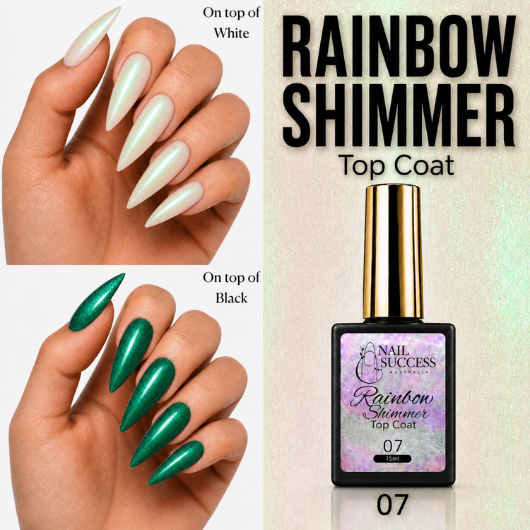 Nail Success Australia Rainbow Shimmer Top Coat 07 shown over white and black nails with emerald green shimmer effect