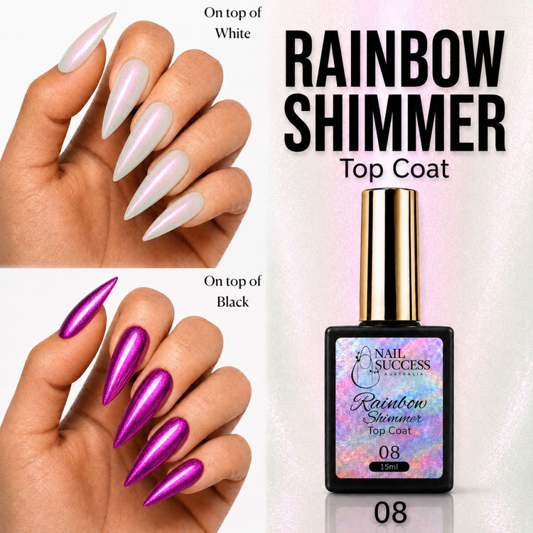 Nail Success Australia Rainbow Shimmer Top Coat 08 shown over white and black nails with bright pink shimmer effect