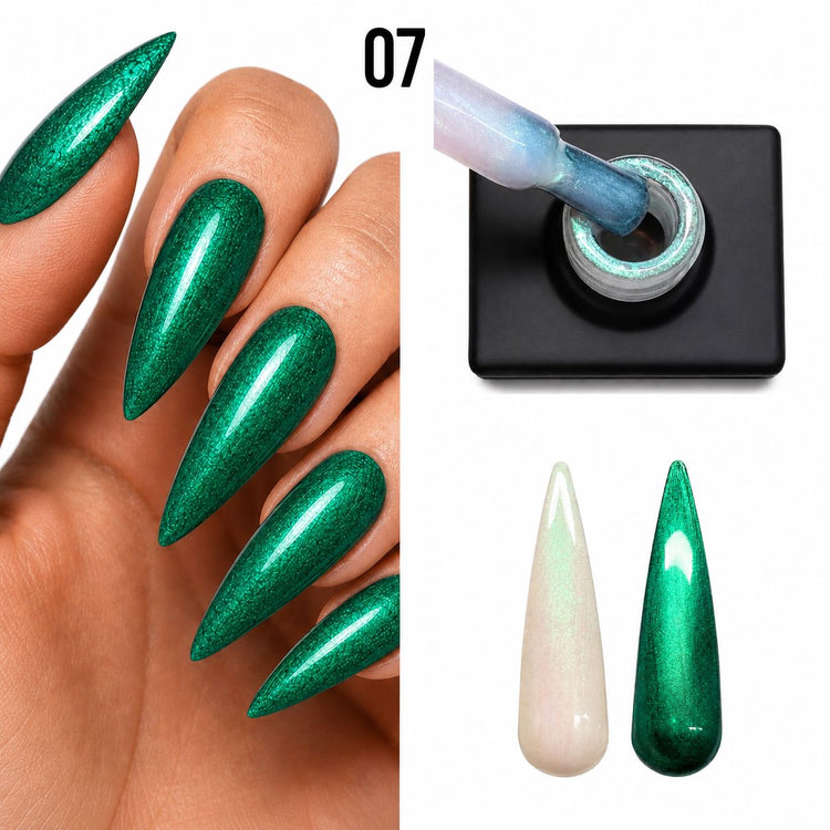 Nail Success Australia Rainbow Shimmer Top Coat 07 shown with emerald green chrome nails, bottle brush and white and black swatches