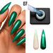Nail Success Australia Rainbow Shimmer Top Coat 07 shown with emerald green chrome nails, bottle brush and white and black swatches