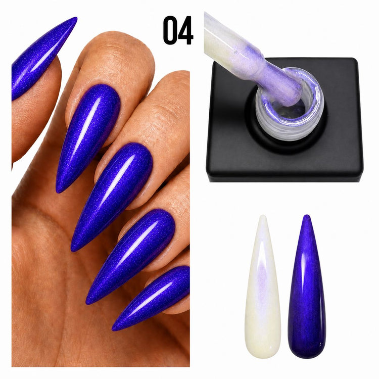 Nail Success Australia Rainbow Shimmer Top Coat 04 shown with deep blue purple chrome nails, bottle brush and white and black swatches
