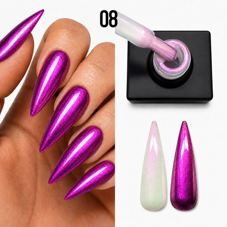 Nail Success Australia Rainbow Shimmer Top Coat 08 shown with bright pink chrome nails, bottle brush and white and black swatches