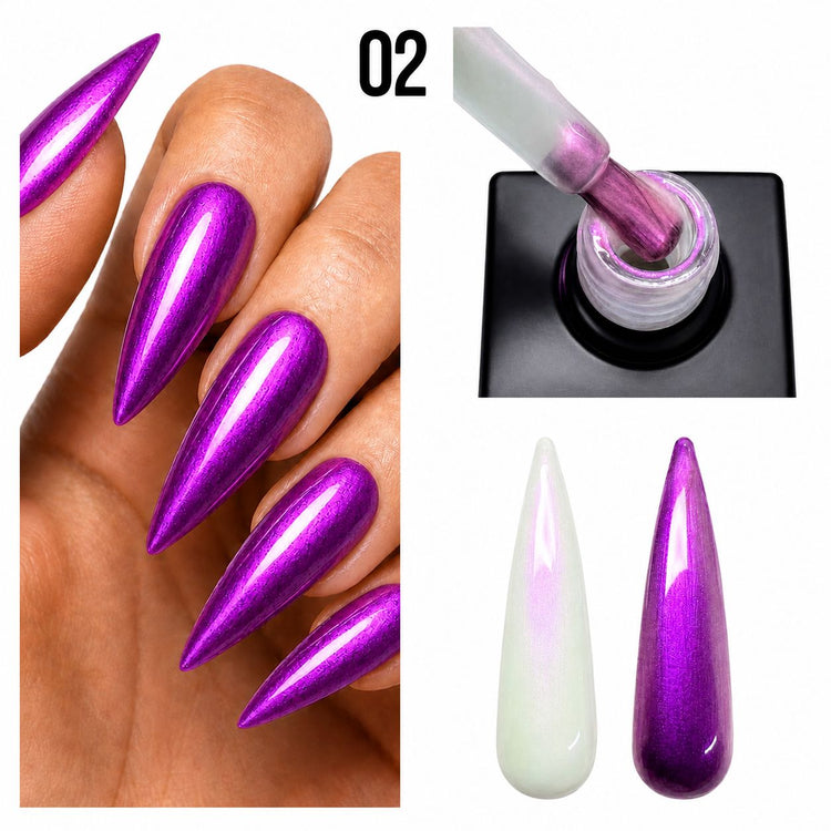 Nail Success Australia Rainbow Shimmer Top Coat 02 shown with purple chrome nails, bottle brush and white and black swatches