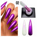 Nail Success Australia Rainbow Shimmer Top Coat 02 shown with purple chrome nails, bottle brush and white and black swatches