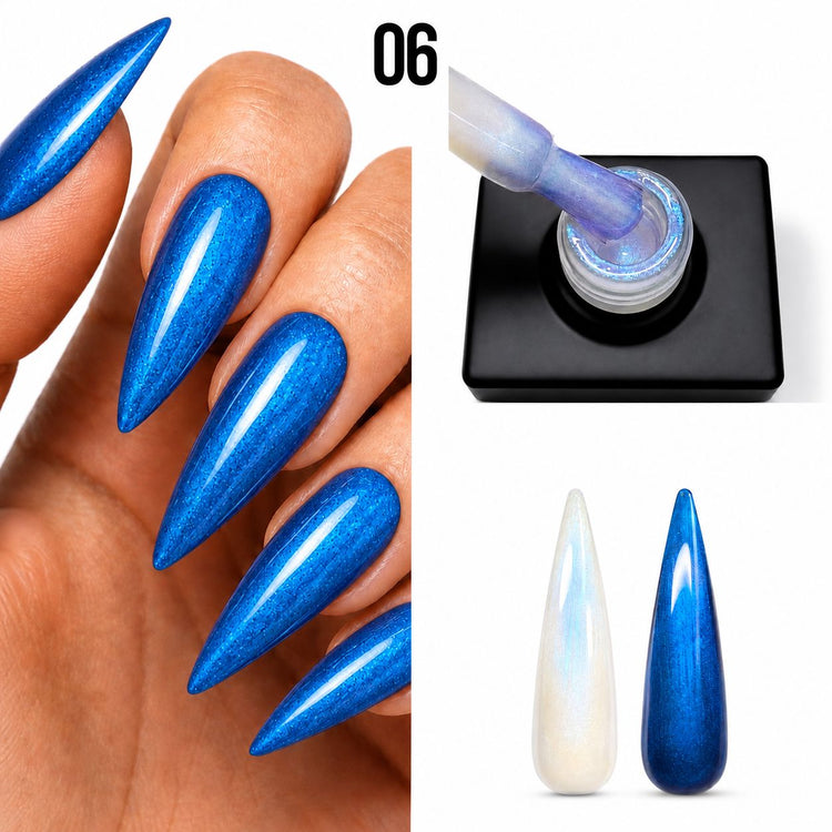 Nail Success Australia Rainbow Shimmer Top Coat 06 shown with bright blue chrome nails, bottle brush and white and black swatches