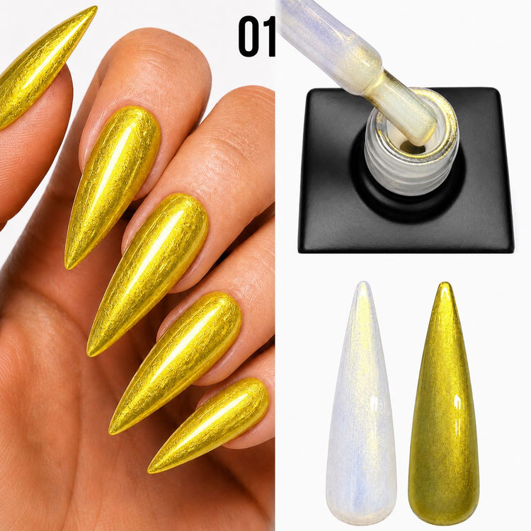 Nail Success Australia Rainbow Shimmer Top Coat 01 shown with gold chrome nails, bottle brush and white and black swatches