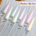 Nail Success Australia Rainbow Shimmer Top Coat colour chart showing shades 001 to 008 on white nail swatches