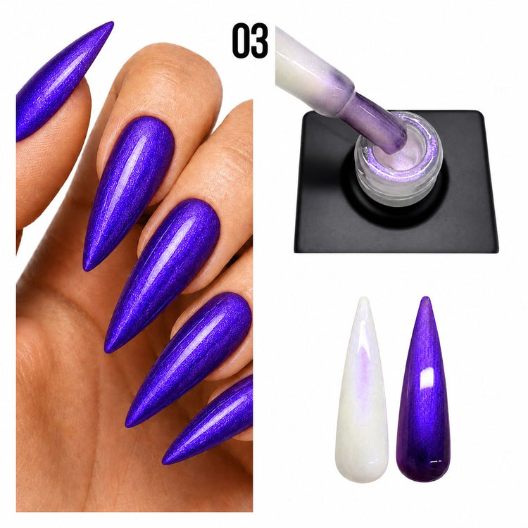 Nail Success Australia Rainbow Shimmer Top Coat 03 shown with blue violet chrome nails, bottle brush and white and black swatches