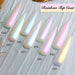 Rainbow shimmer gel polish top coat colour chart showing eight iridescent shades for pearlescent nail art and glossy manicure finishes