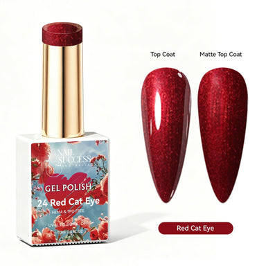 Nail Success Australia Red Cat Eye gel polish with glossy and matte red shimmer nail colour swatches