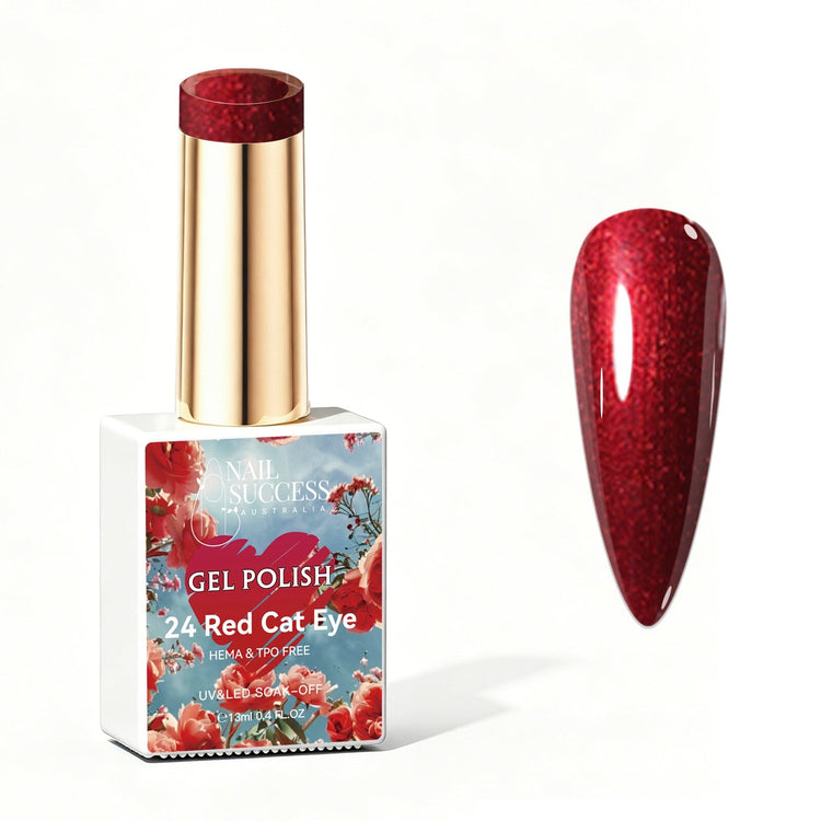 Nail Success Australia Red Cat Eye gel polish bottle with glossy red shimmer nail colour swatch