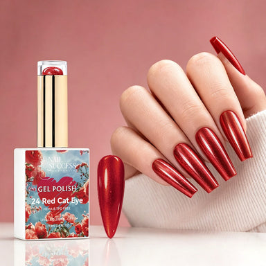 NSI Australia Red Cat Eye red shimmer gel polish with glossy metallic manicure and swatch, shade 24