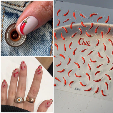 Nail Success Australia red chili embossed nail art stickers with chilli pepper designs and sample manicure ideas