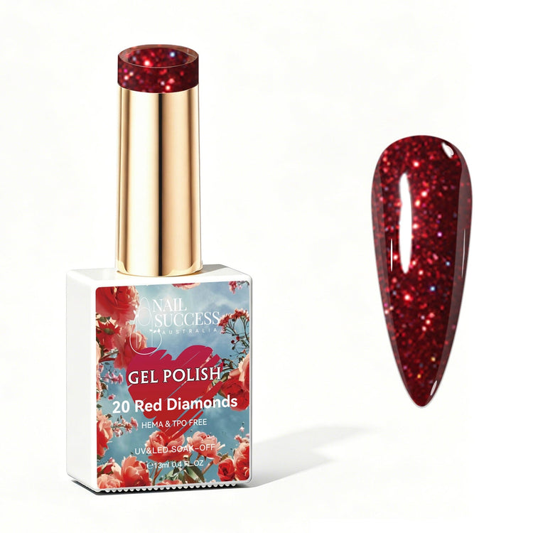 Nail Success Australia Red Diamonds red glitter gel polish bottle with glossy nail colour swatch