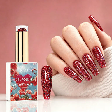 NSI Australia Red Diamonds red holographic glitter gel polish with glossy sparkling manicure and swatch, shade 20