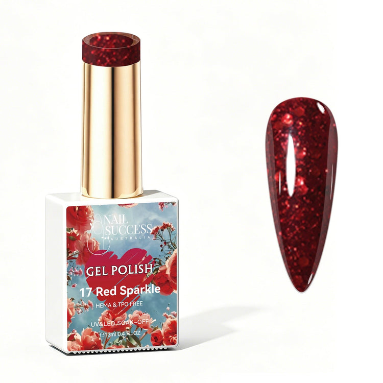 Nail Success Australia Red Sparkle glitter gel polish bottle with glossy red nail colour swatch
