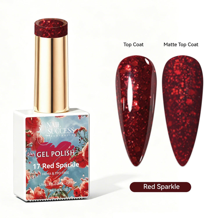 Nail Success Australia Red Sparkle red glitter gel polish with glossy and matte nail colour swatches