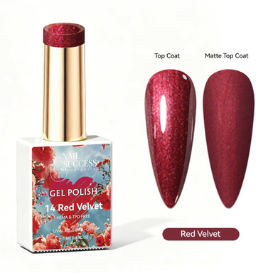 Nail Success Australia Red Velvet shimmer gel polish with glossy and matte red nail colour swatches