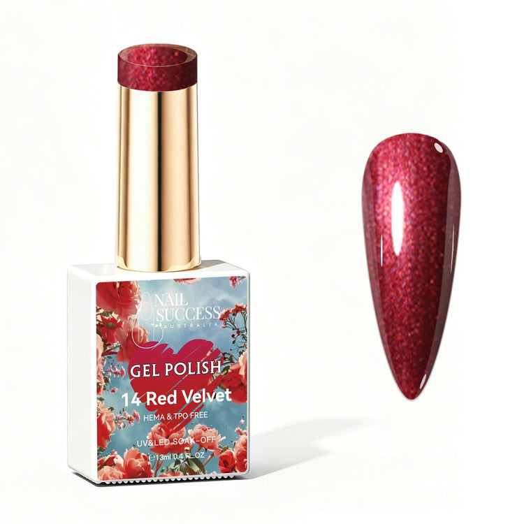 Nail Success Australia Red Velvet shimmer gel polish bottle with glossy red nail colour swatch