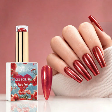NSI Australia Red Velvet shimmer red gel polish with glossy metallic manicure and swatch, shade 14
